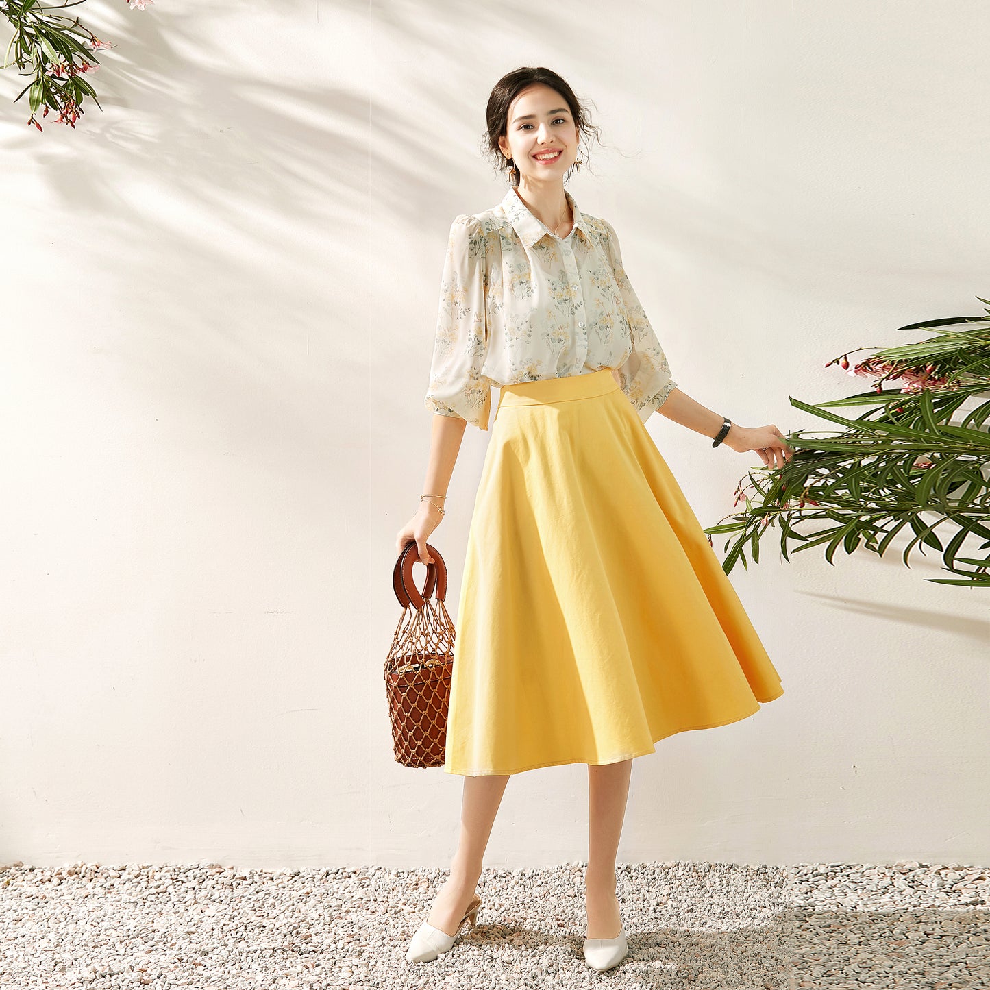 Chantel 3 piece set puff sleeve floral shirt with inner blouse and circular skirt
