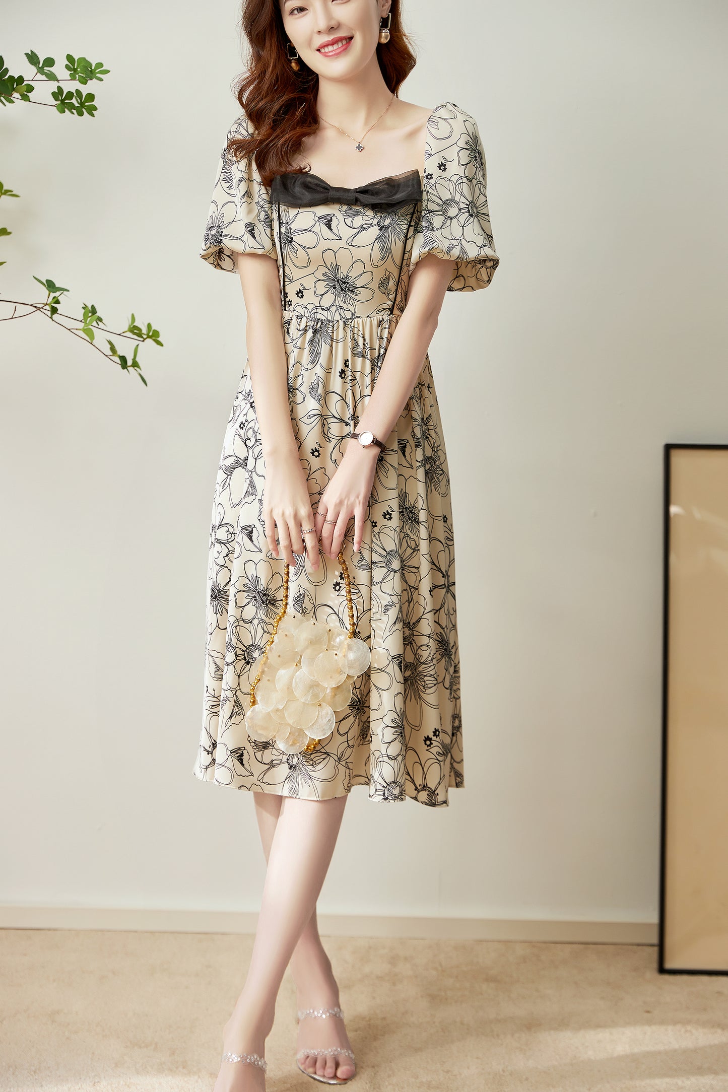 Bjorg floral front ribbon printed satin dress with gathered back and elastic waist