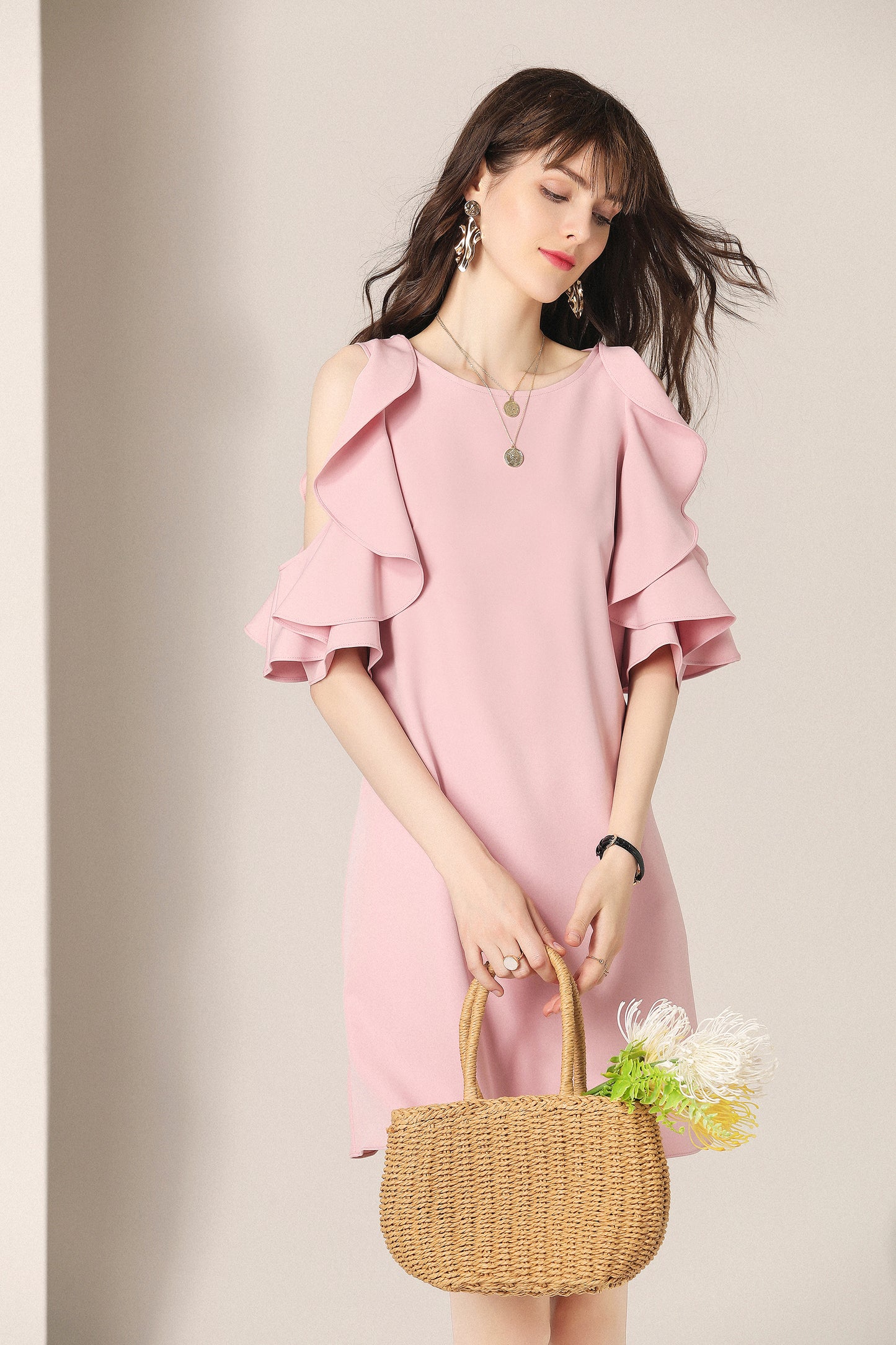 Fae ruffle cutout shoulder with cross back mini dress