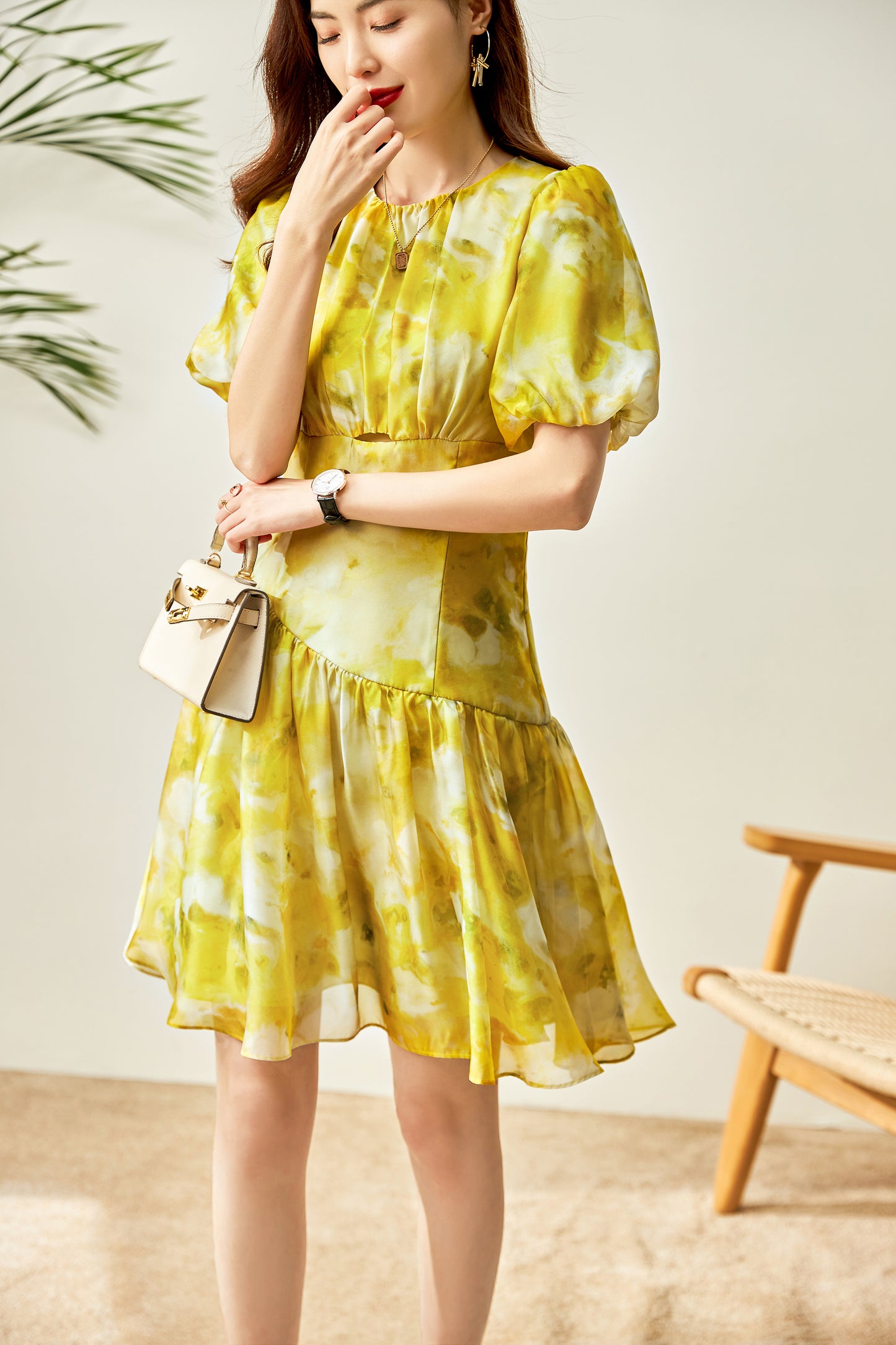 Fleur printed chiffon dress with elbow bishop sleeves