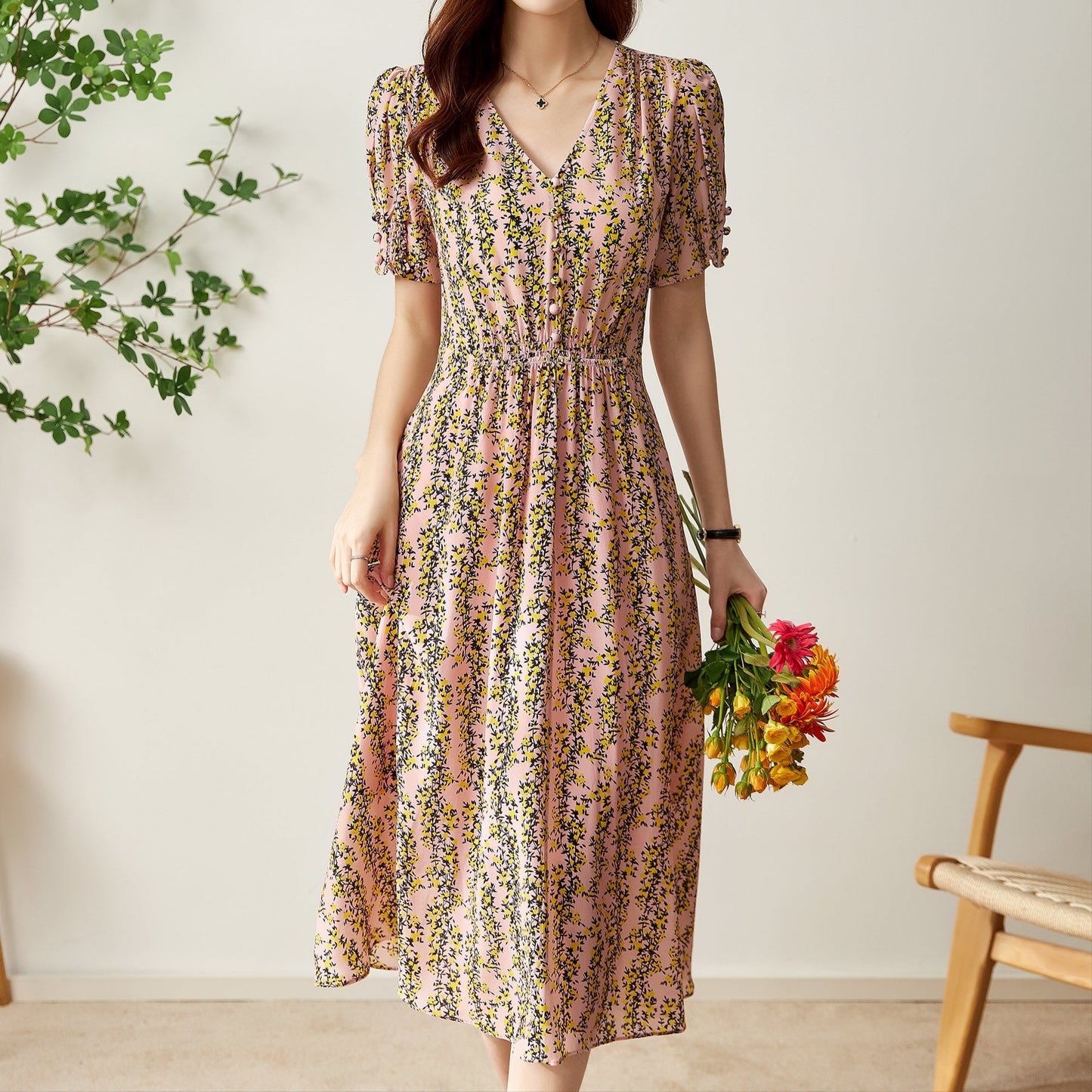Collette pure silk printed floral dress with elastic waist