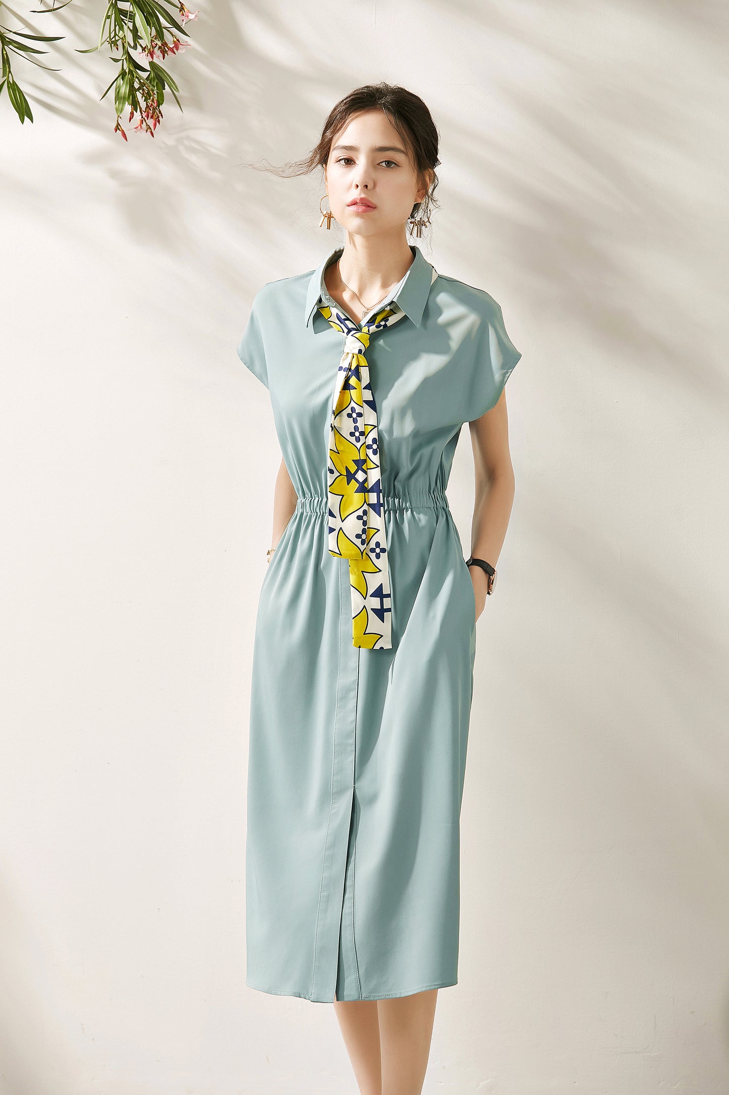 Galena collar midi dress with scarf tie and elastic waist
