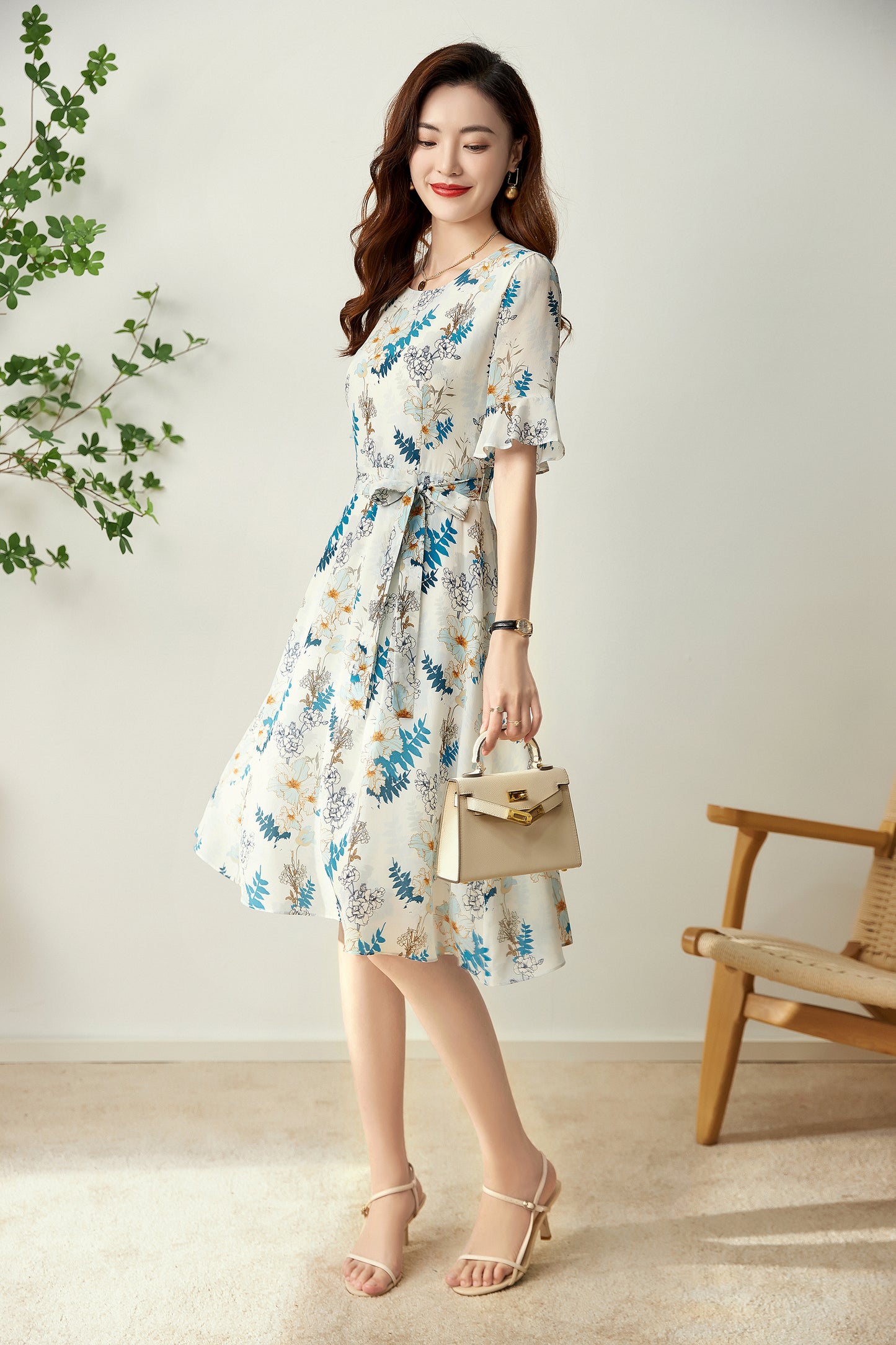 Torill pure silk floral dress with waist belt