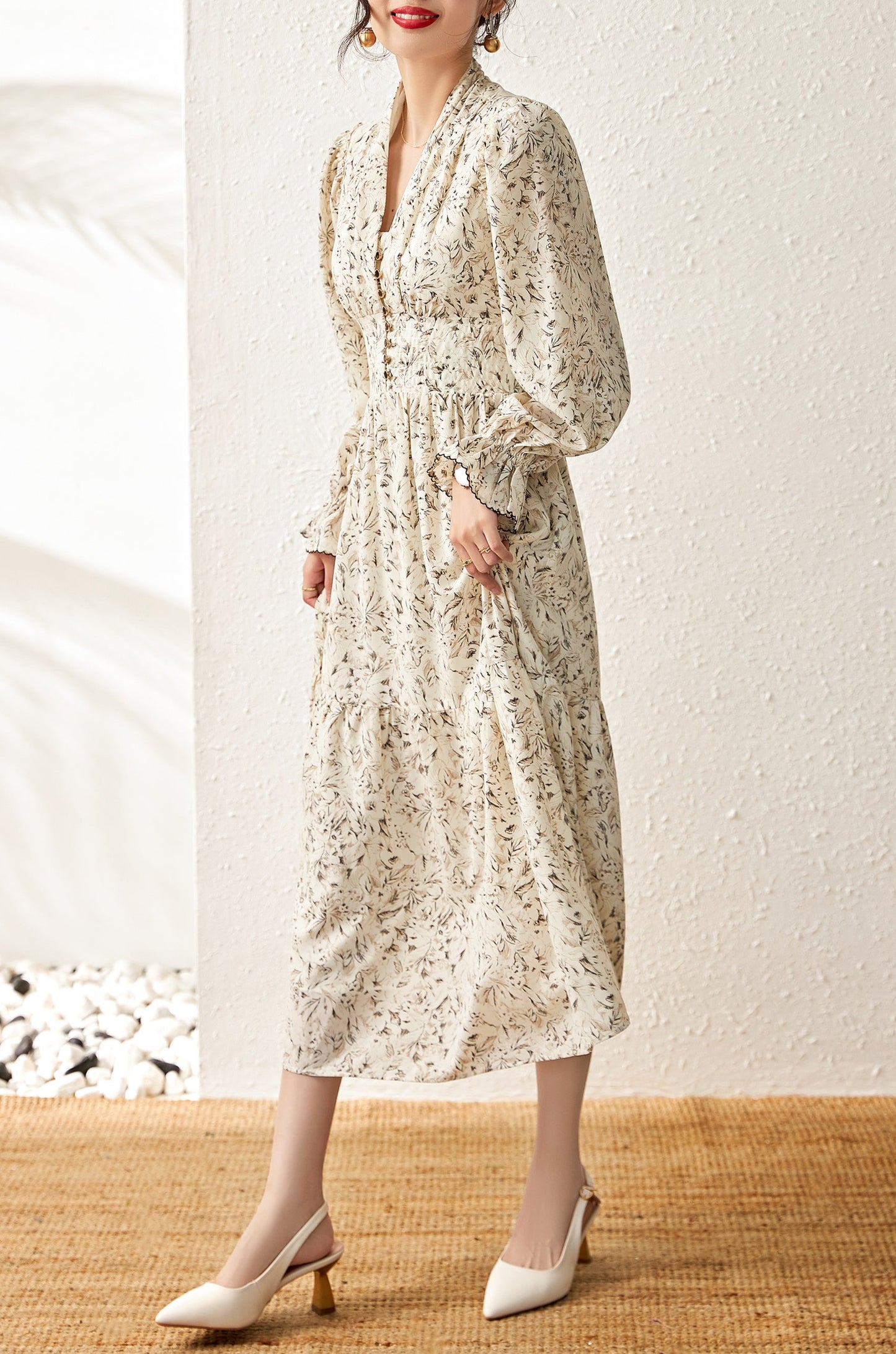 Jules floral hemp dress with elastic gathered waist and exquisite shank buttons