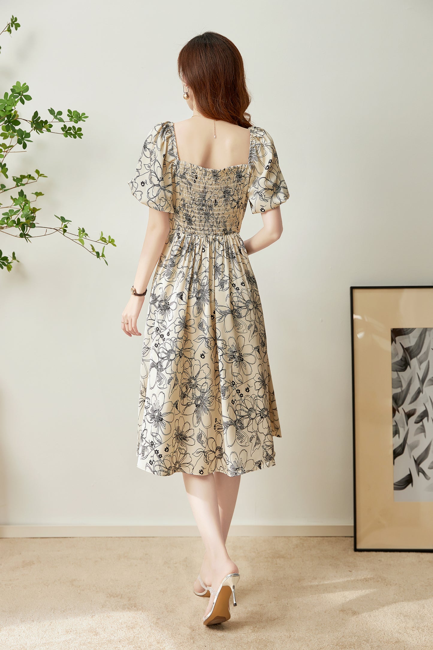 Bjorg floral front ribbon printed satin dress with gathered back and elastic waist