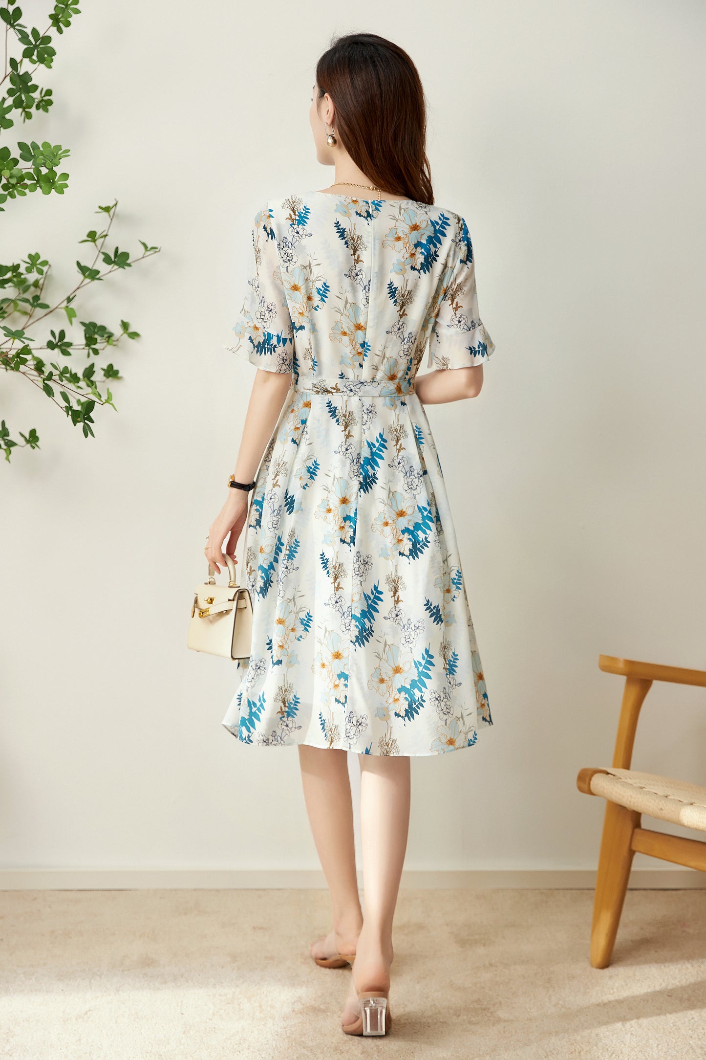 Torill pure silk floral dress with waist belt