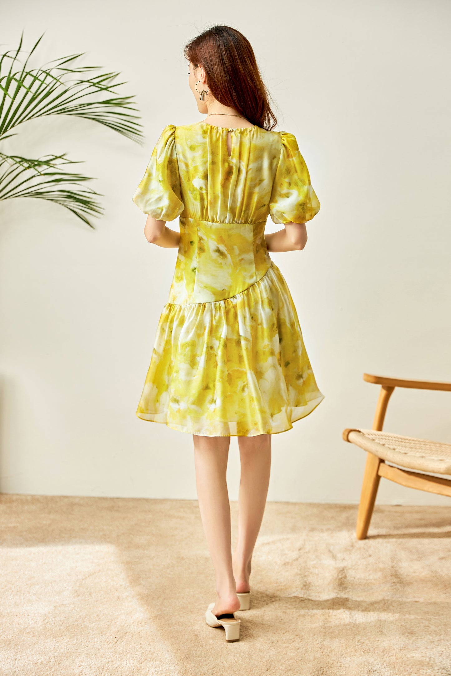 Fleur printed chiffon dress with elbow bishop sleeves
