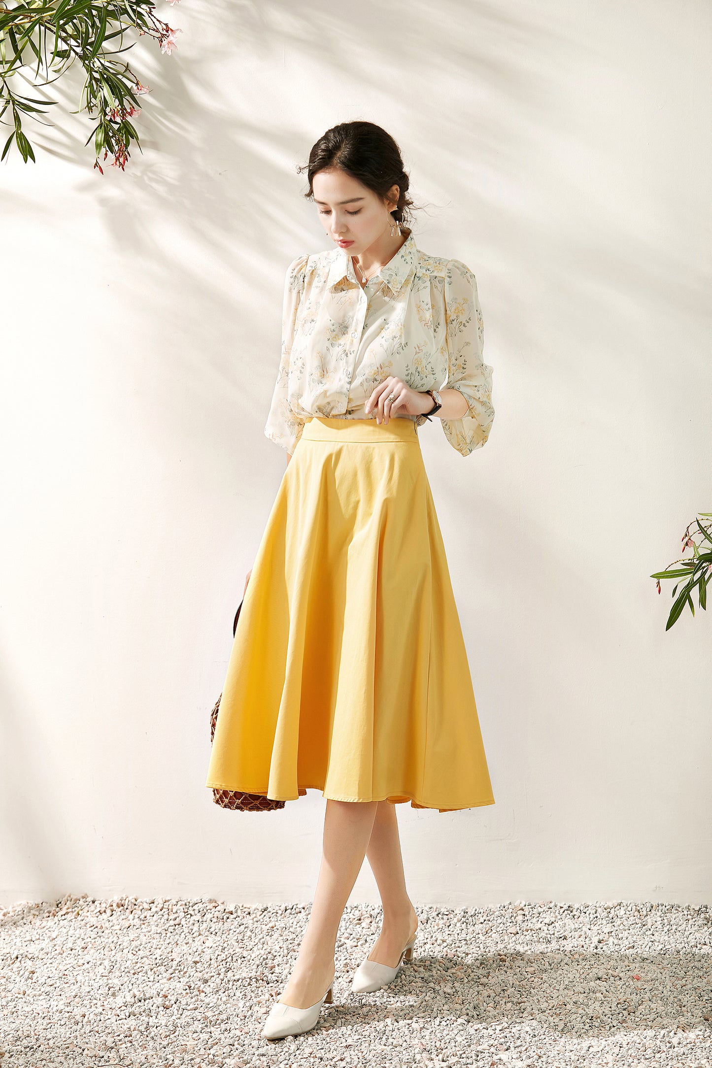 Chantel 3 piece set puff sleeve floral shirt with inner blouse and circular skirt