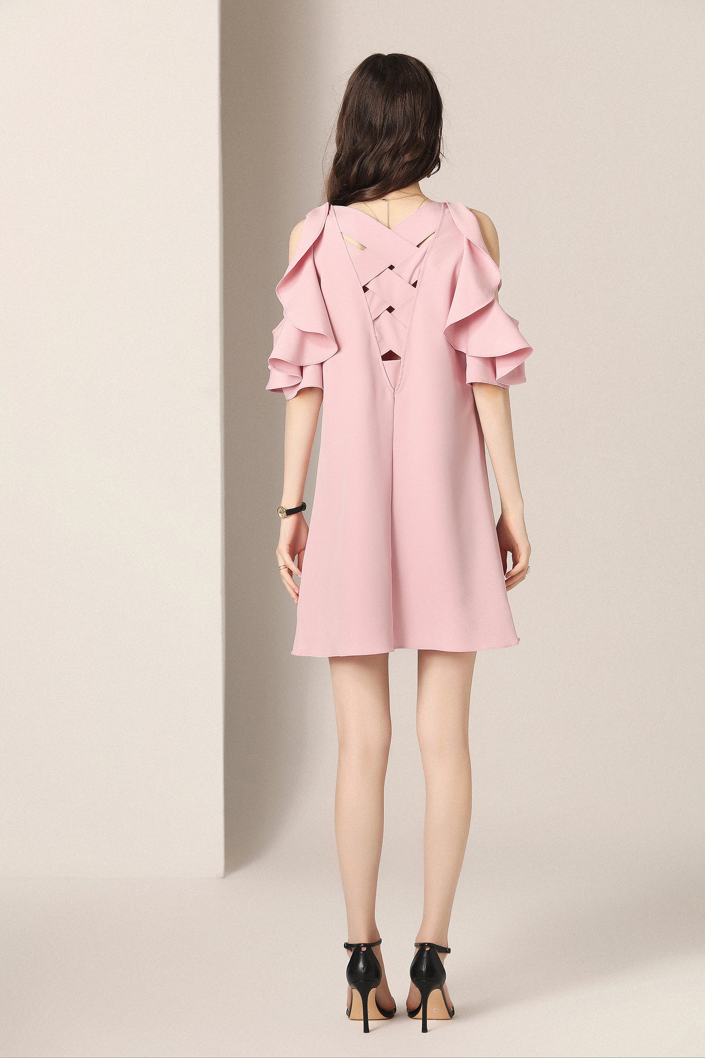 Fae ruffle cutout shoulder with cross back mini dress