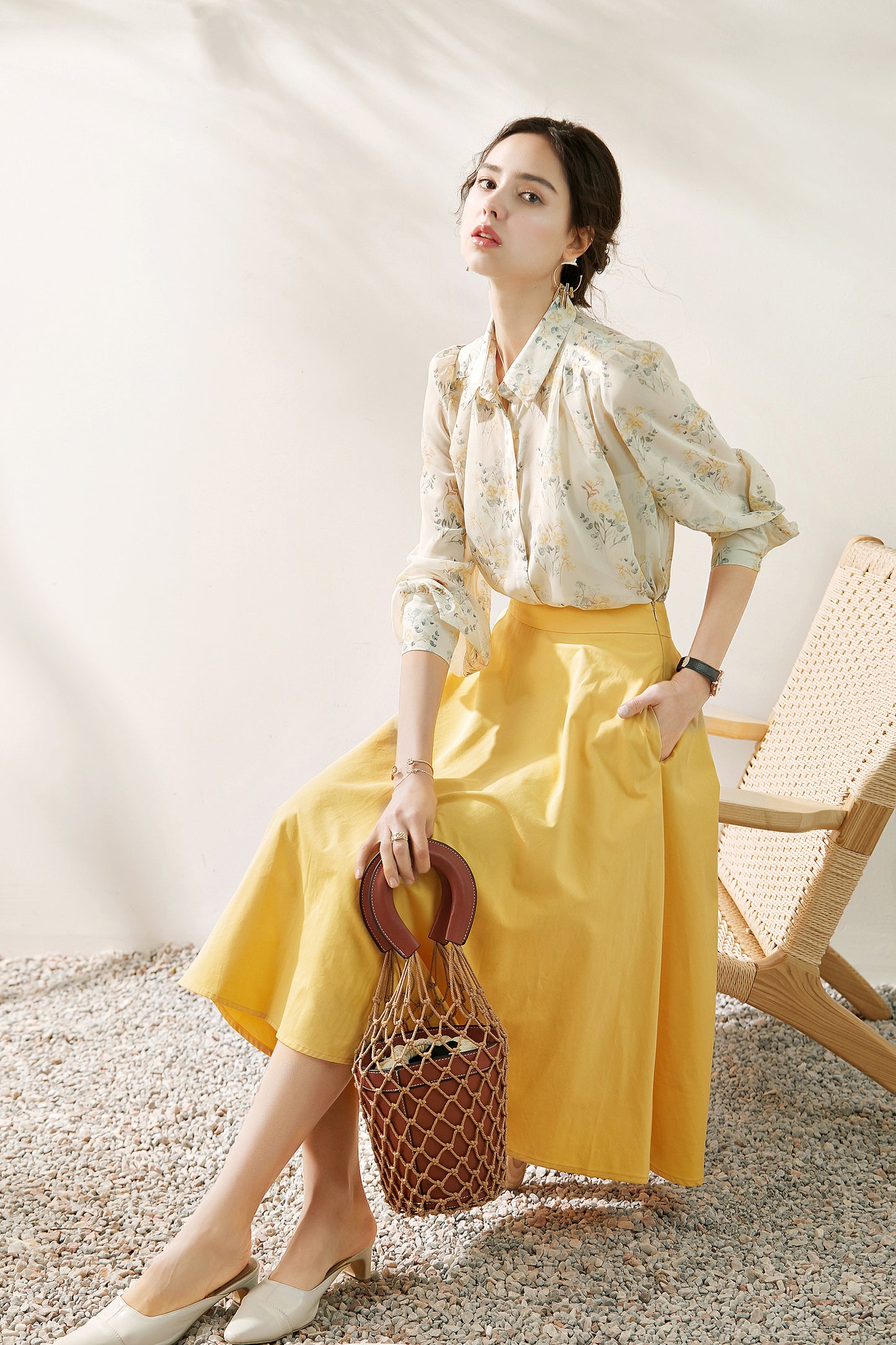 Chantel 3 piece set puff sleeve floral shirt with inner blouse and circular skirt