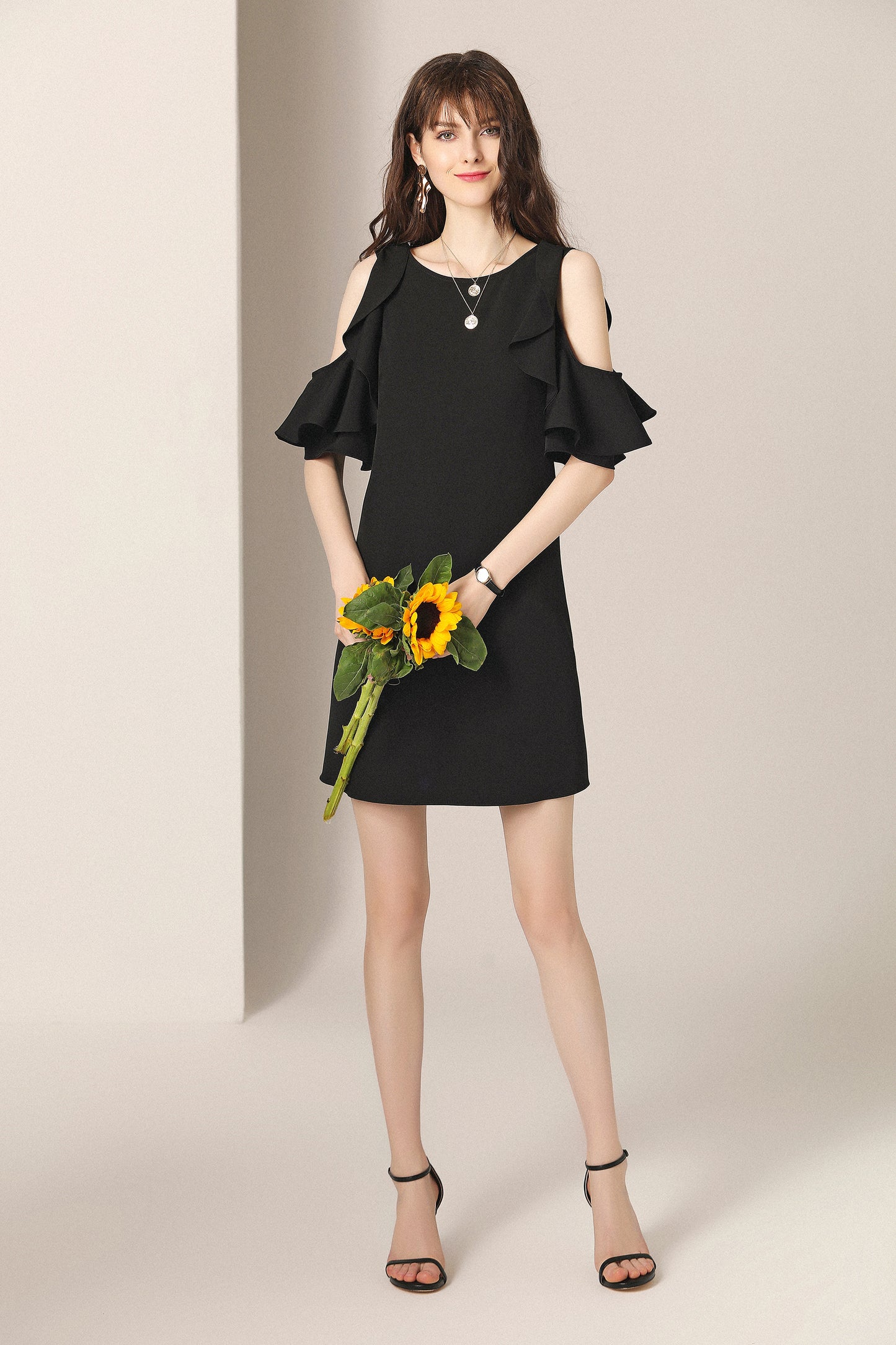 Fae ruffle cutout shoulder with cross back mini dress