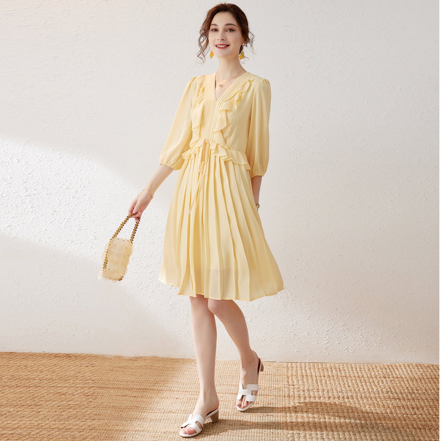 Severine V neck chiffon ruffle pleated dress