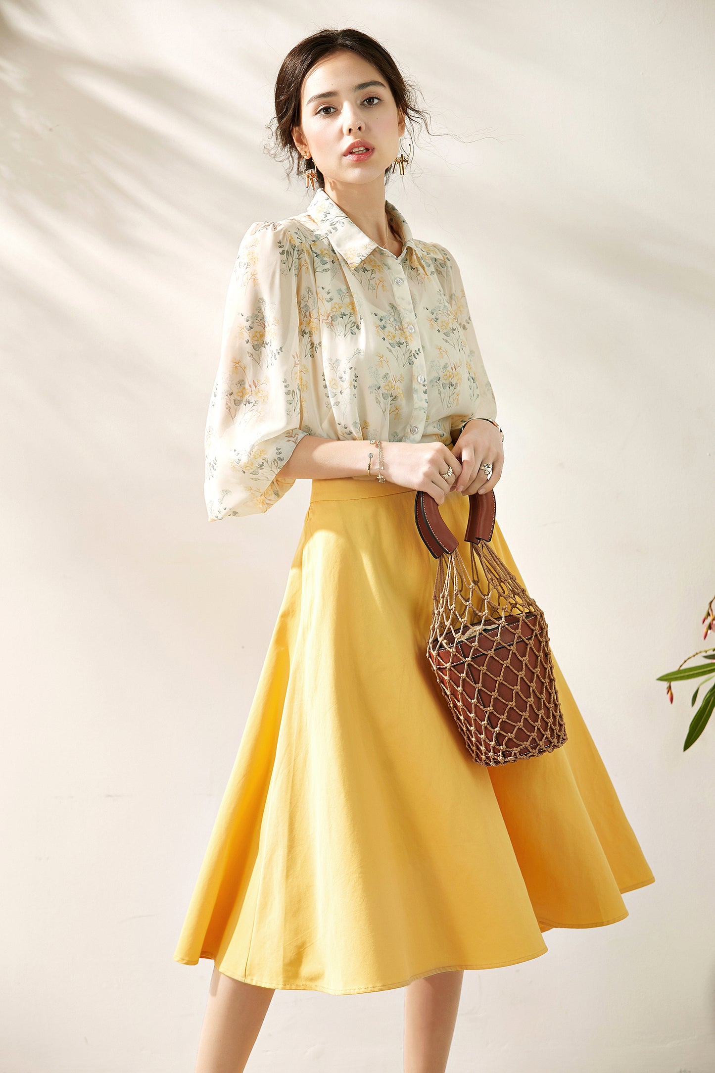 Chantel 3 piece set puff sleeve floral shirt with inner blouse and circular skirt