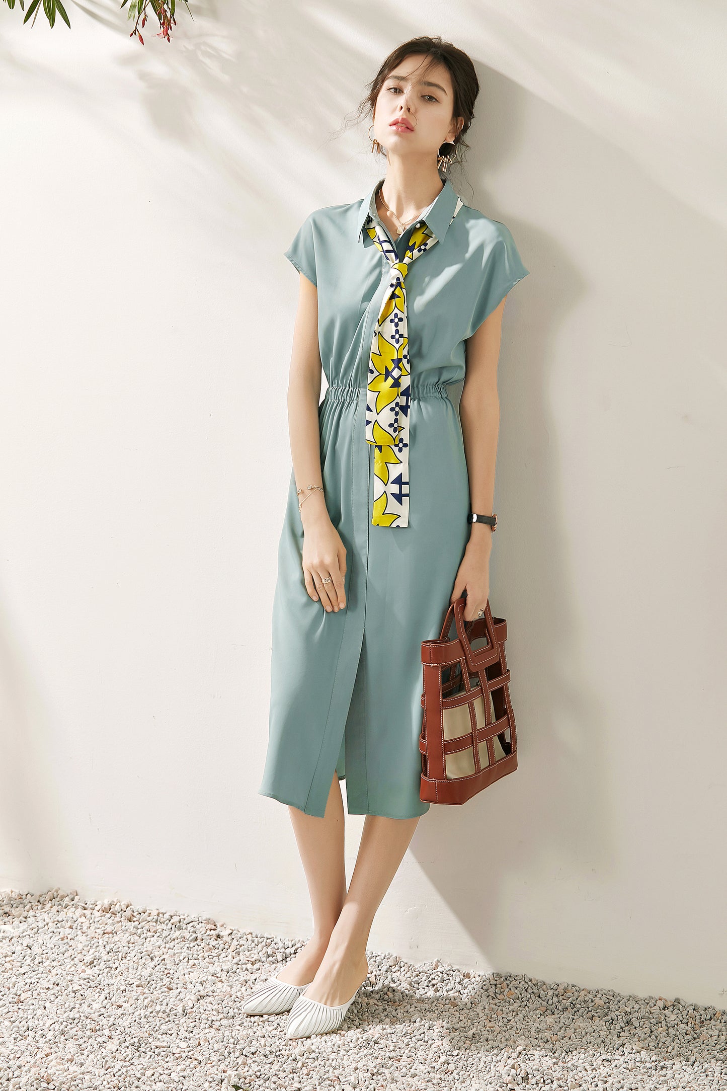 Galena collar midi dress with scarf tie and elastic waist