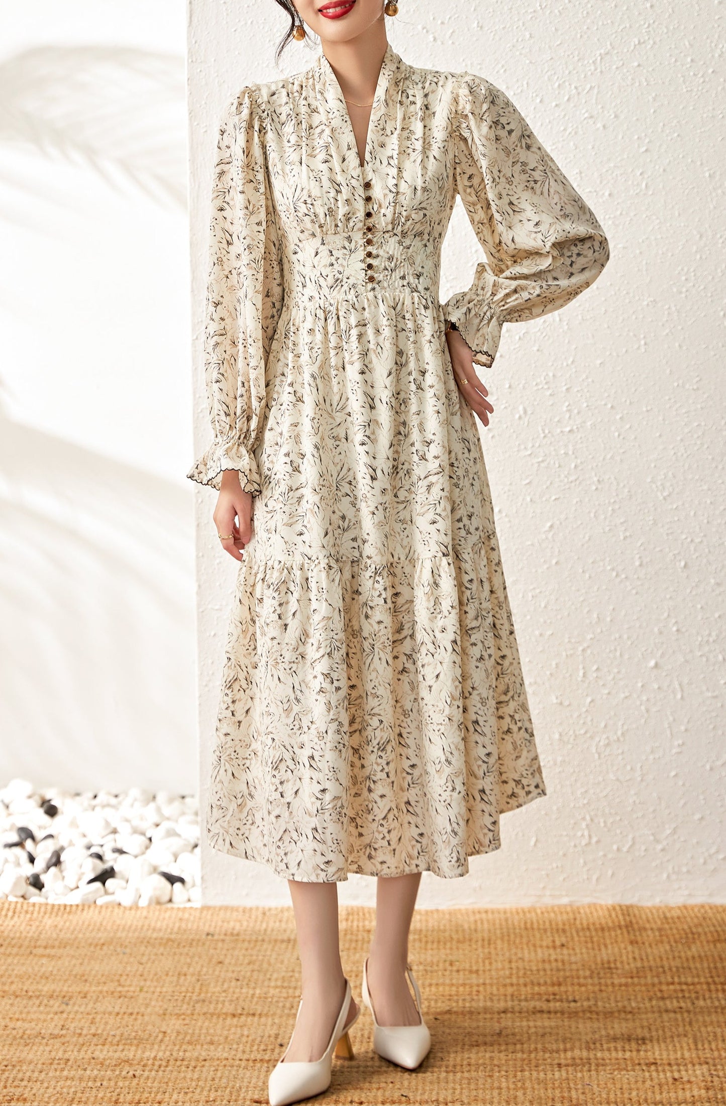 Jules floral hemp dress with elastic gathered waist and exquisite shank buttons