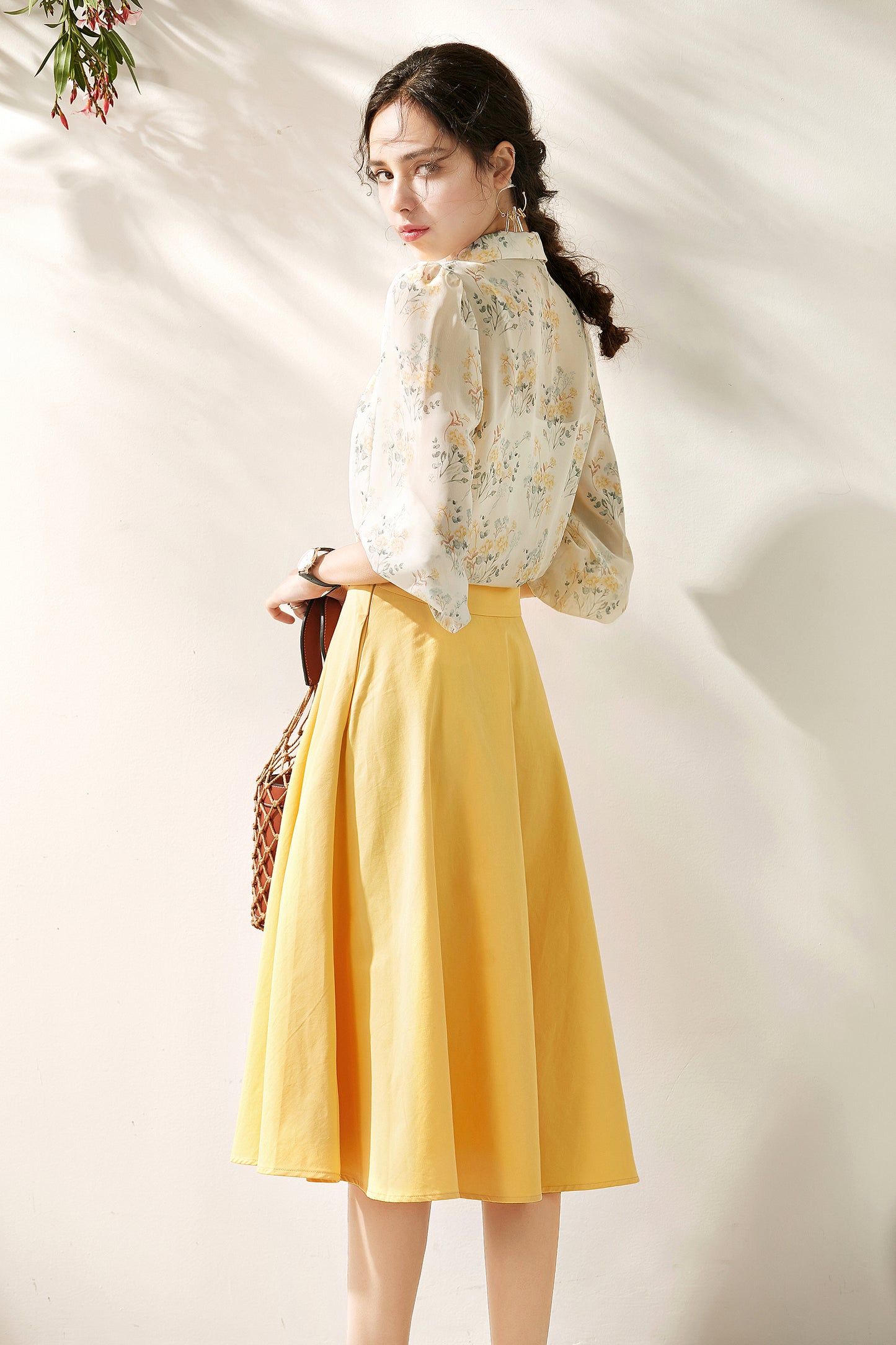 Chantel 3 piece set puff sleeve floral shirt with inner blouse and circular skirt