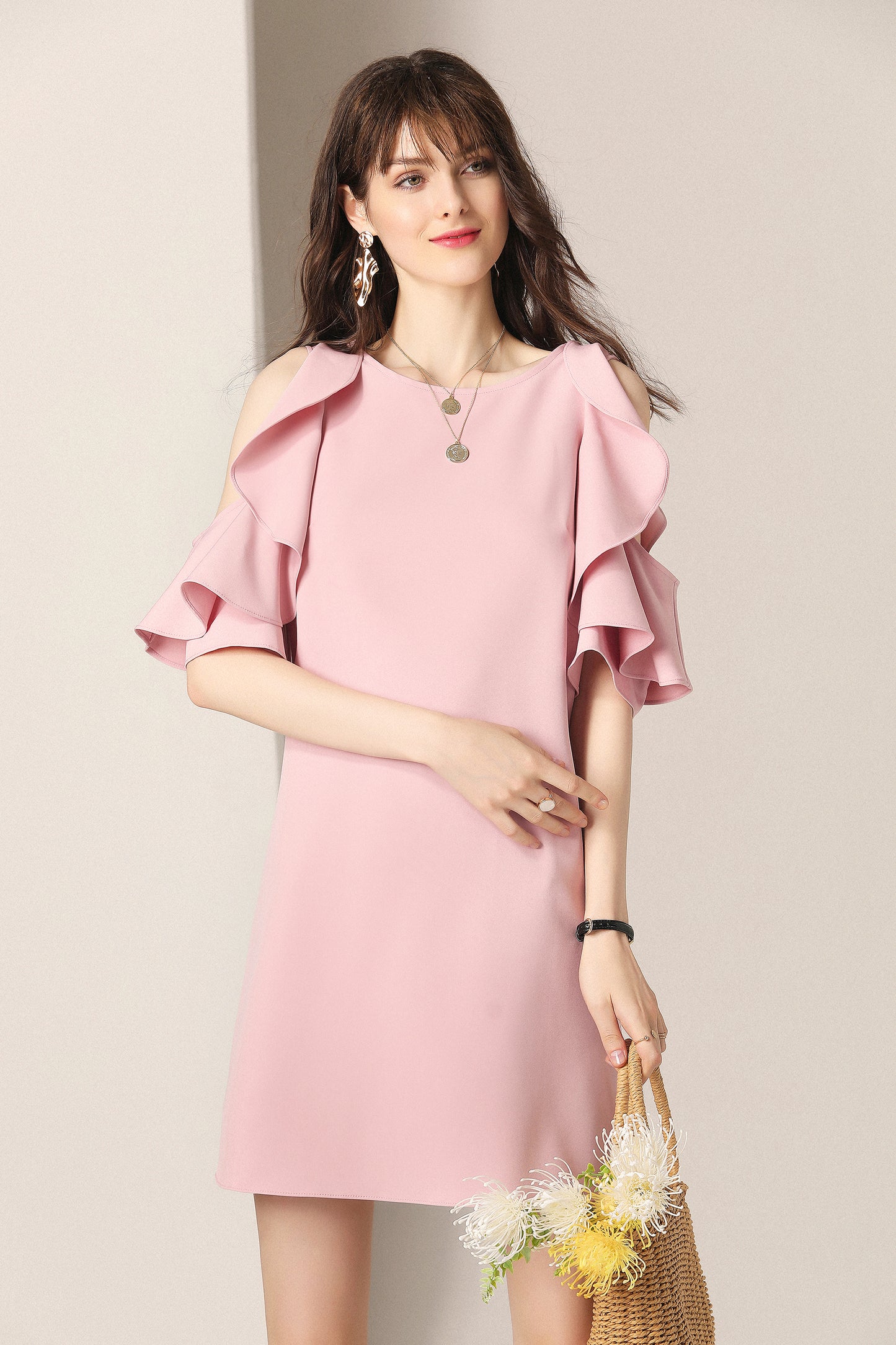 Fae ruffle cutout shoulder with cross back mini dress