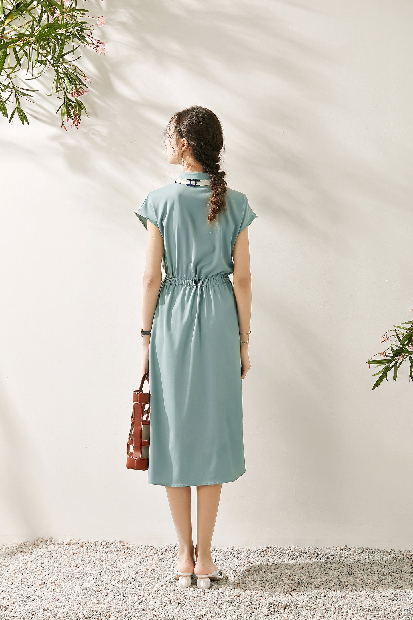 Galena collar midi dress with scarf tie and elastic waist