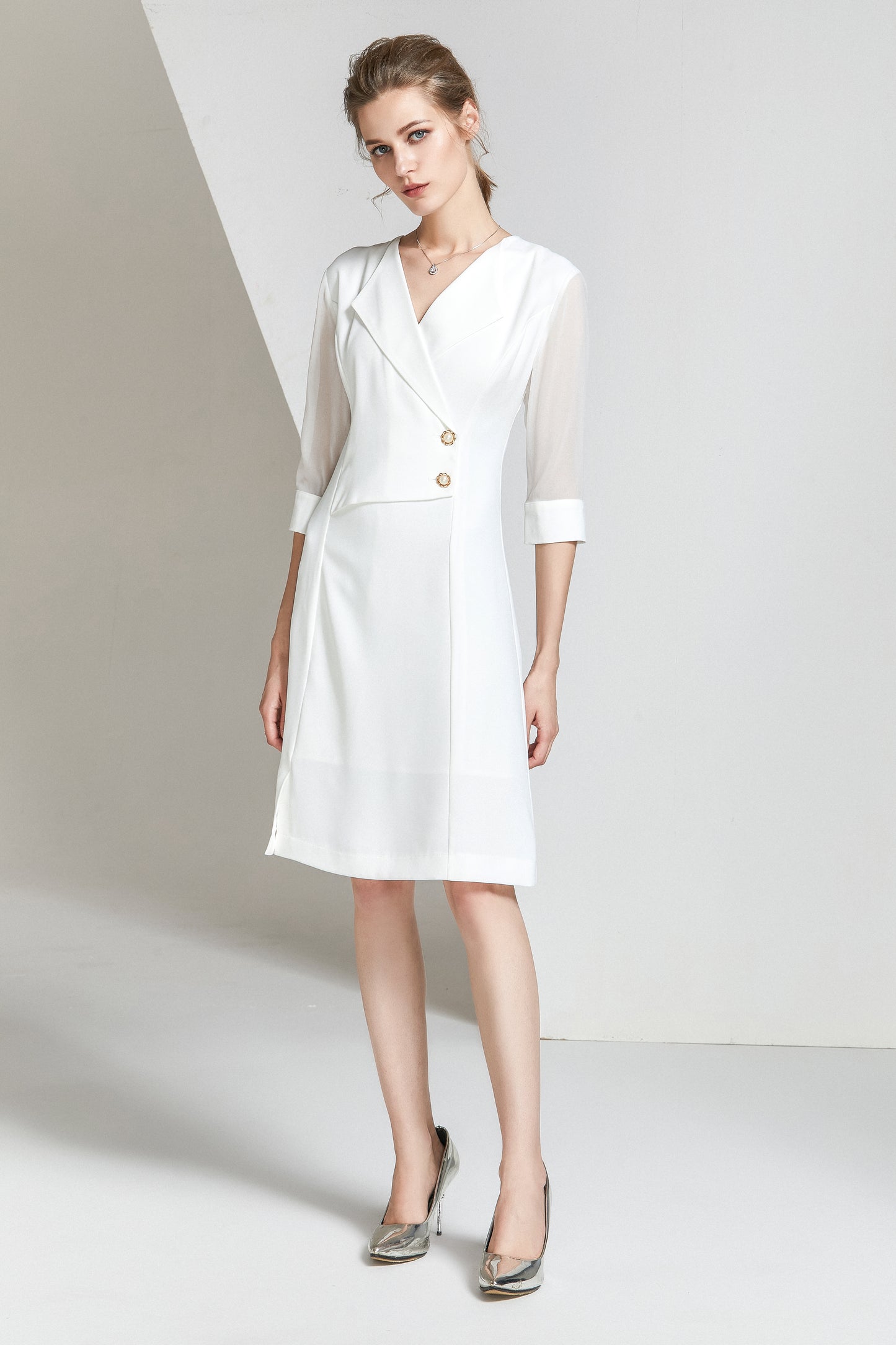 Irina double breasted dress with mesh puff sleeve