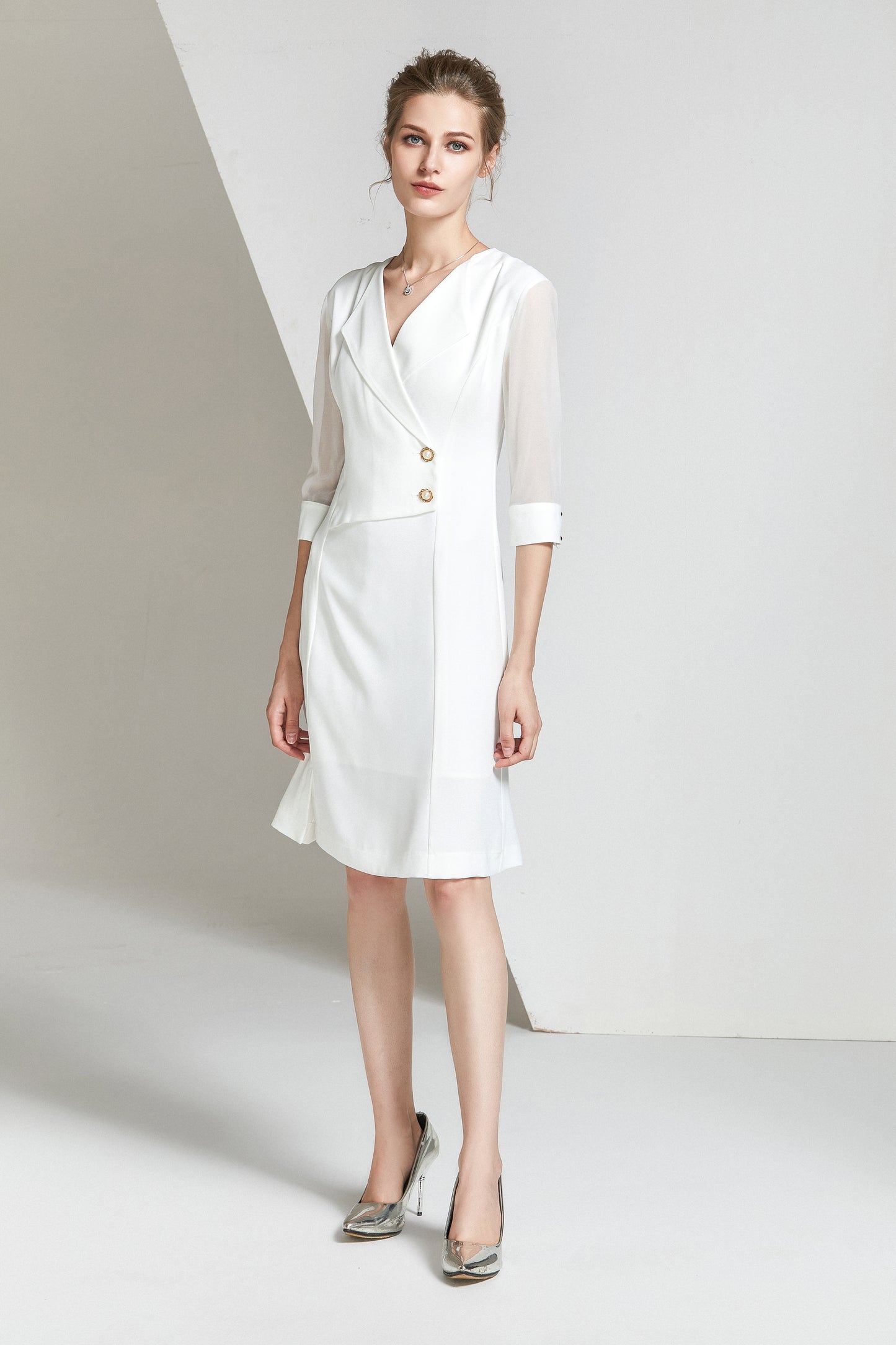 Irina double breasted dress with mesh puff sleeve