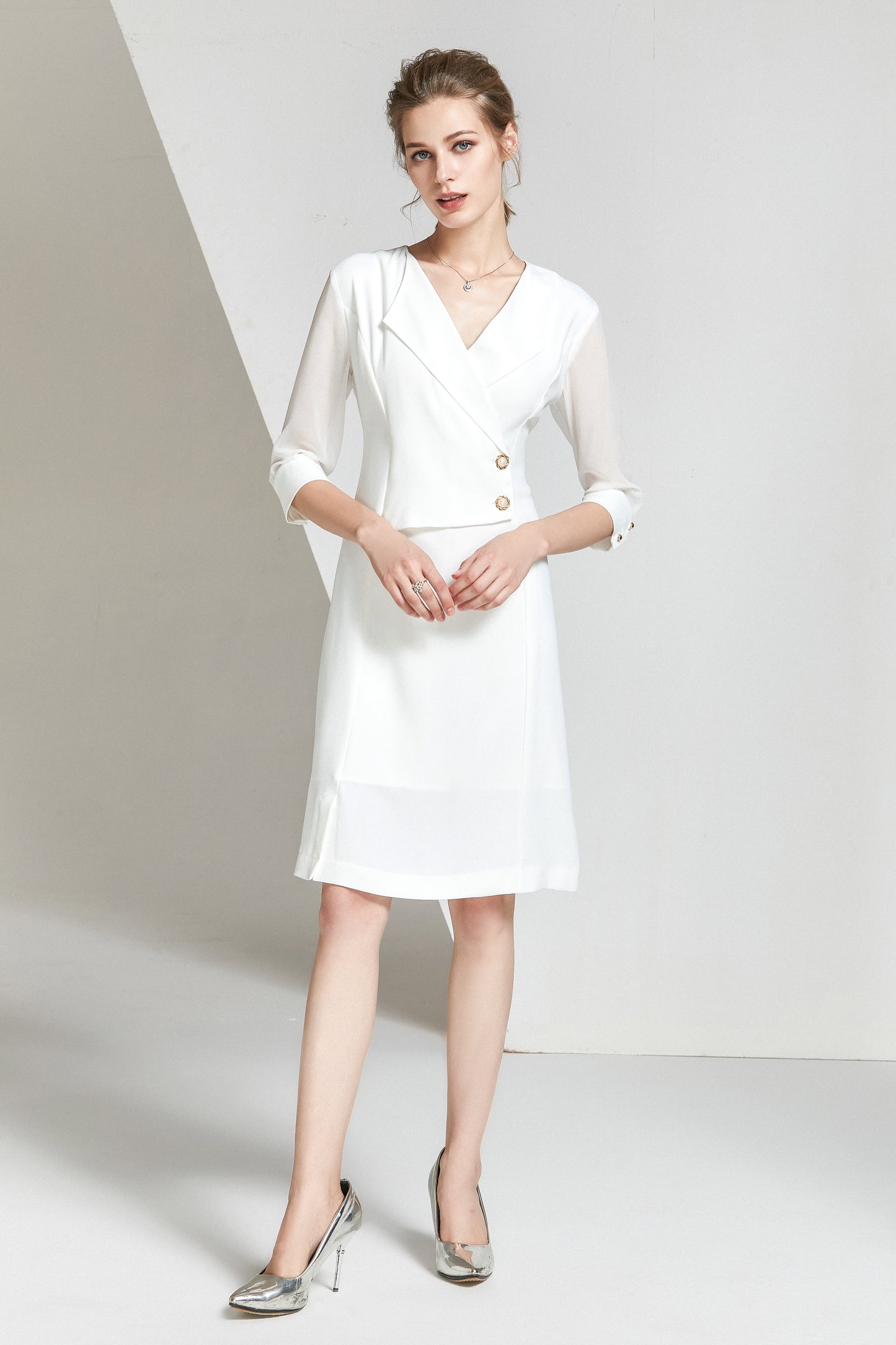 Irina double breasted dress with mesh puff sleeve