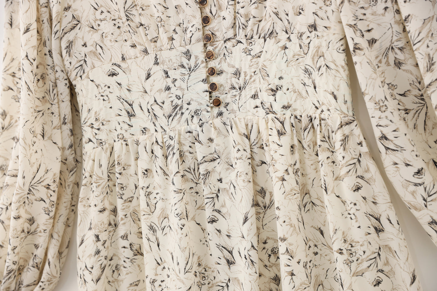 Jules floral hemp dress with elastic gathered waist and exquisite shank buttons