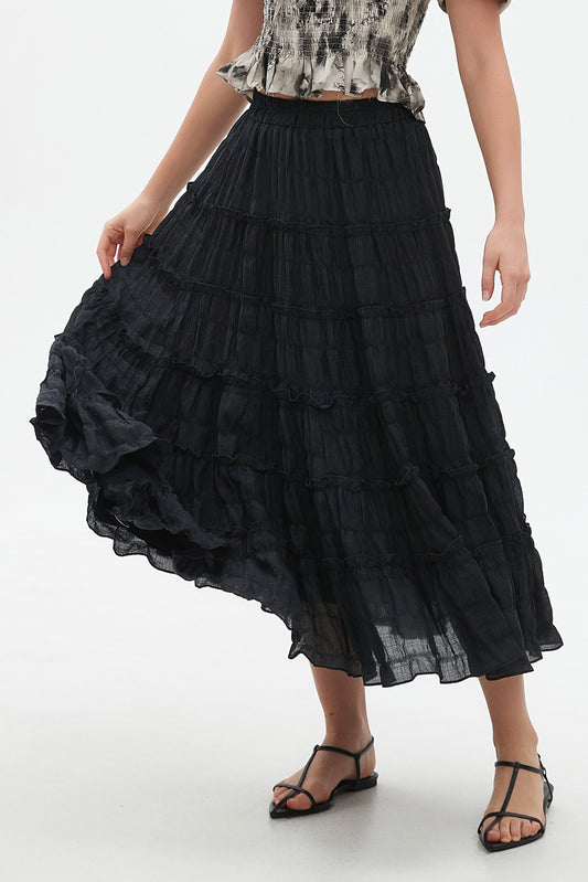 Alana tiered flare midi skirt with elastic waist