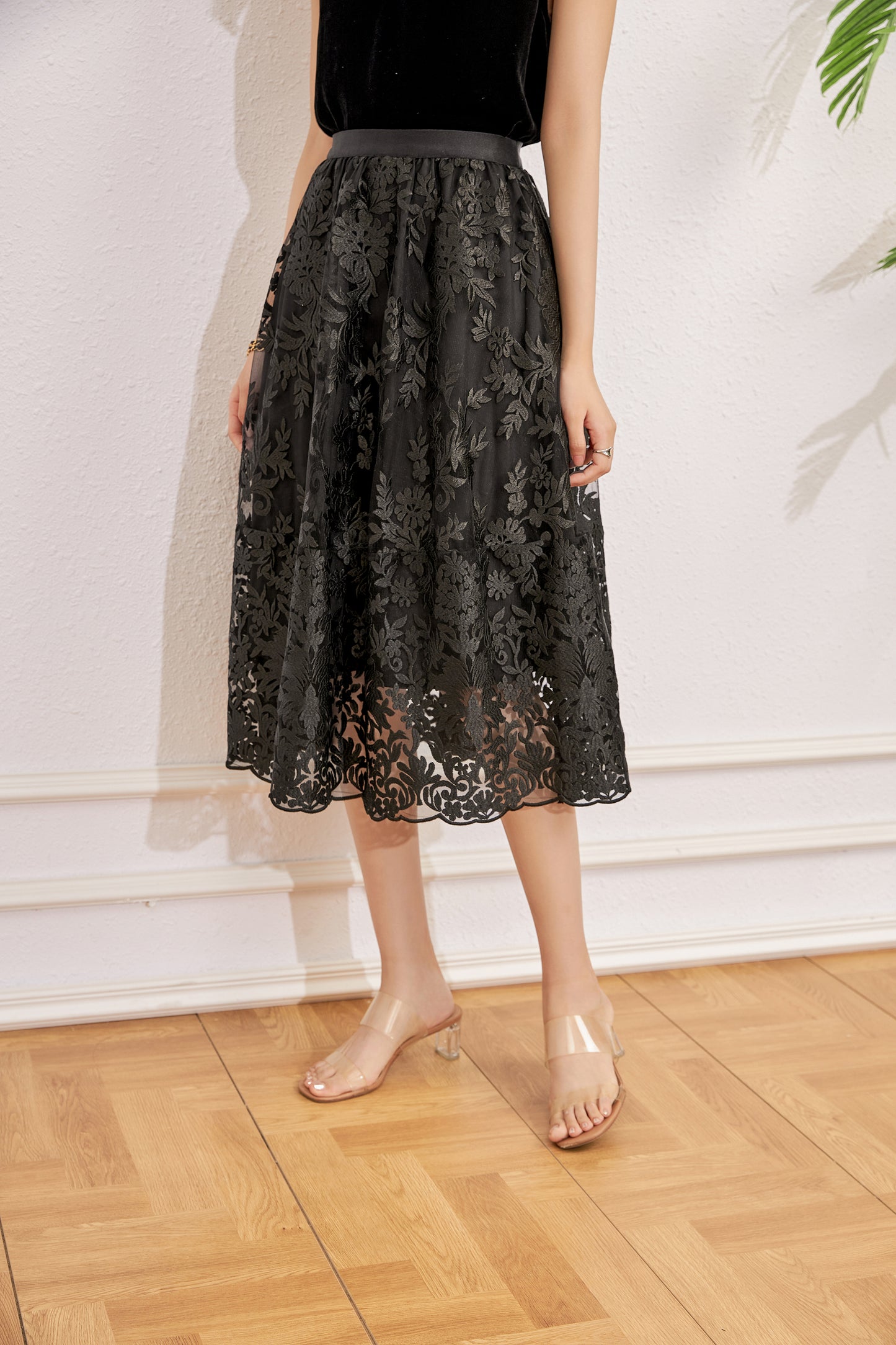 Yara A line lace embroidery skirt with elastic waist