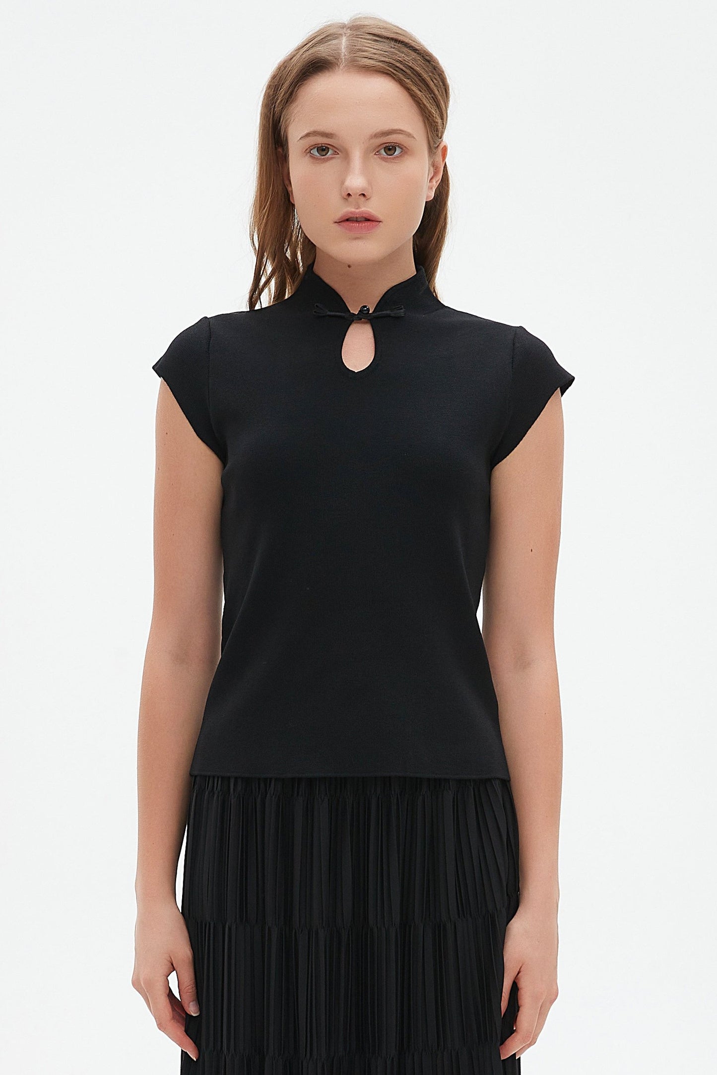 Bora mandarin collar knit blouse with key hole