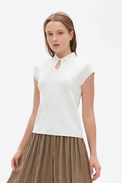 Bora mandarin collar knit blouse with key hole