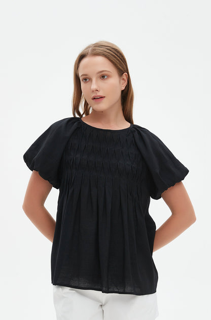 Tyla round neck gathered blouse with elastic sleeve