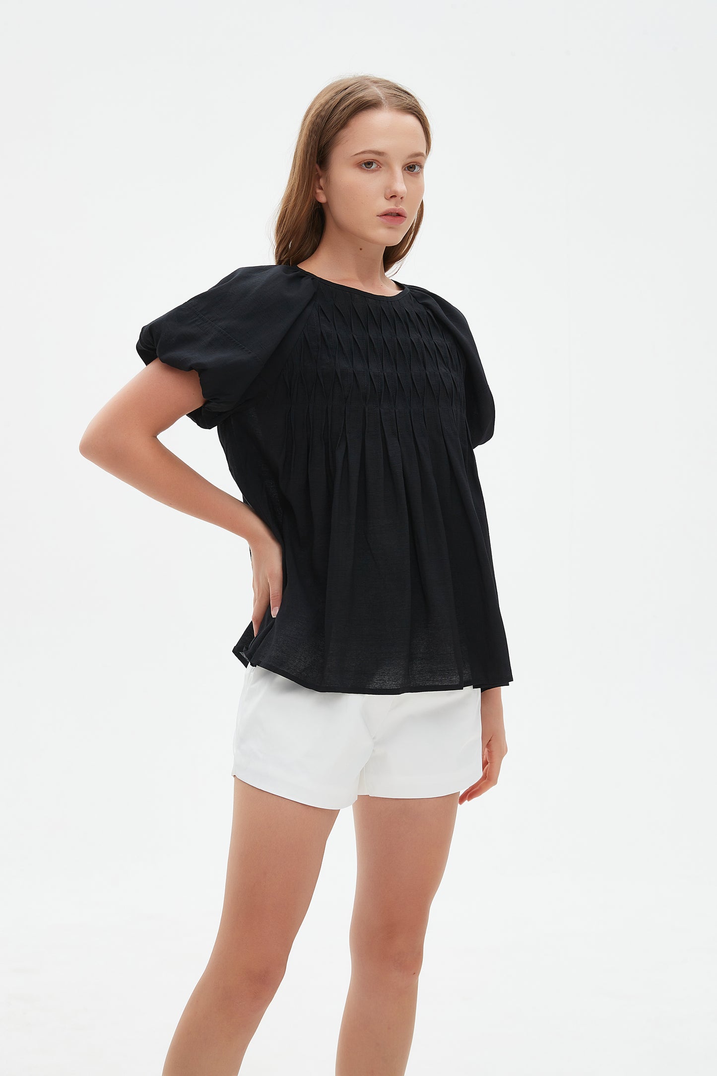 Tyla round neck gathered blouse with elastic sleeve