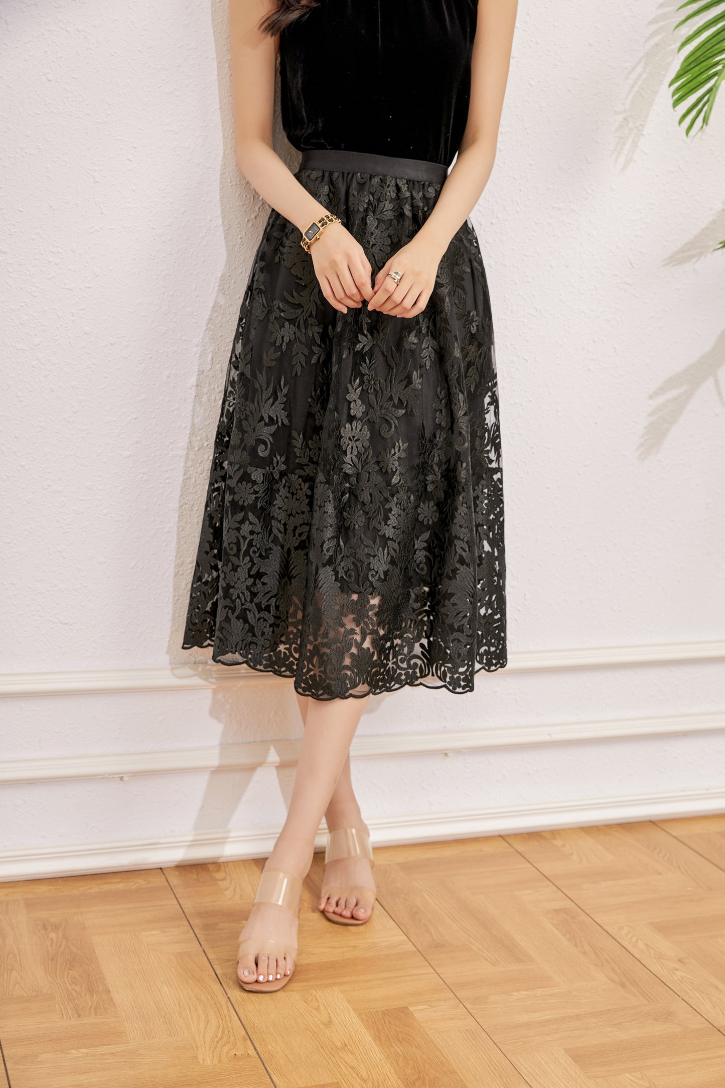 Yara A line lace embroidery skirt with elastic waist