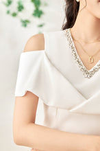 Load image into Gallery viewer, Faustine crystal collar hemp knee dress with cut out shoulder
