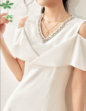 Load image into Gallery viewer, Faustine crystal collar hemp knee dress with cut out shoulder
