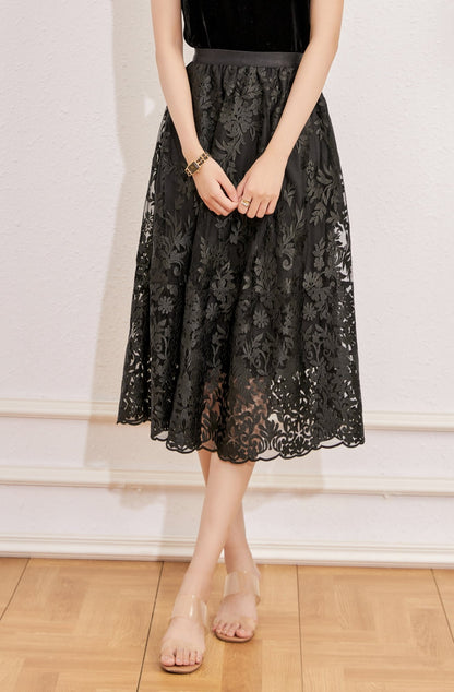 Yara A line lace embroidery skirt with elastic waist