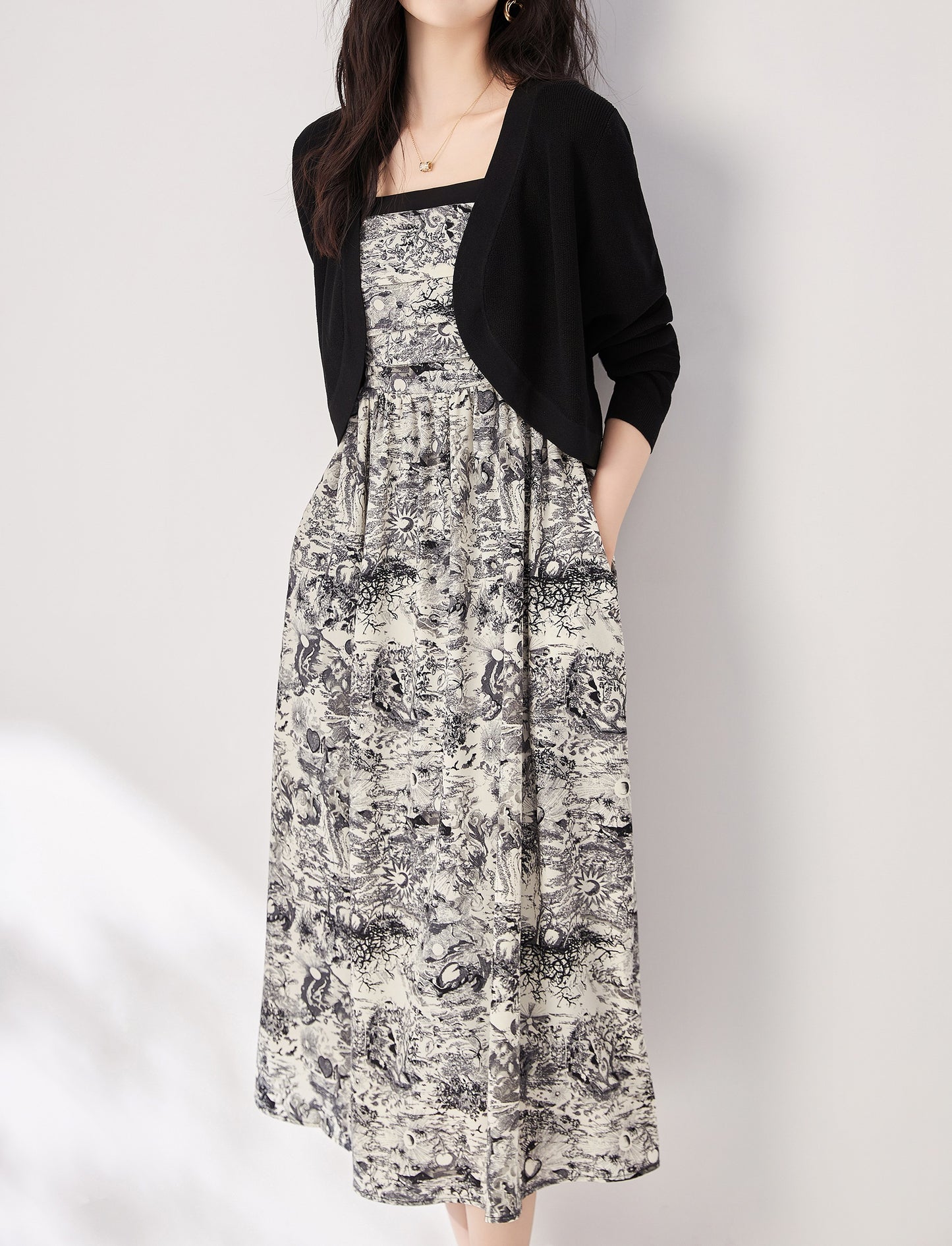 Nadeline 2 piece set chiffon spaghetti strap printed dress with knitted cropped cardigan