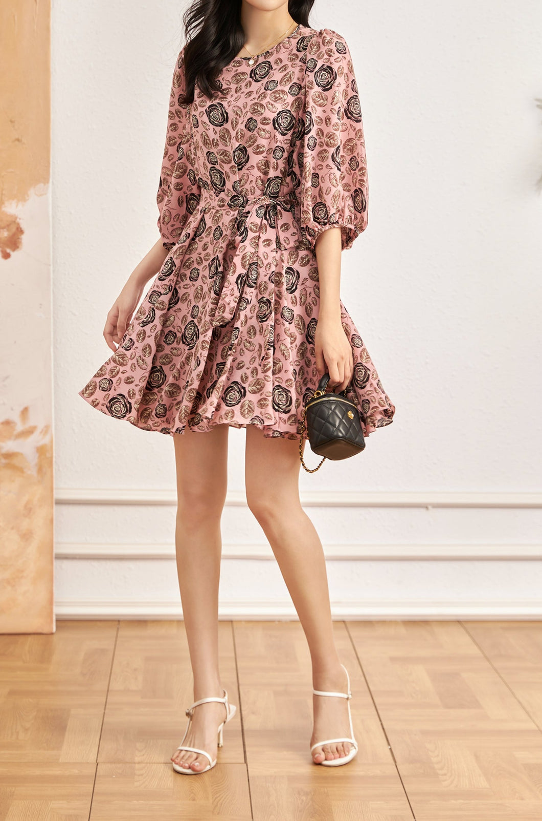 Imilia chiffon sash tie floral flare dress
