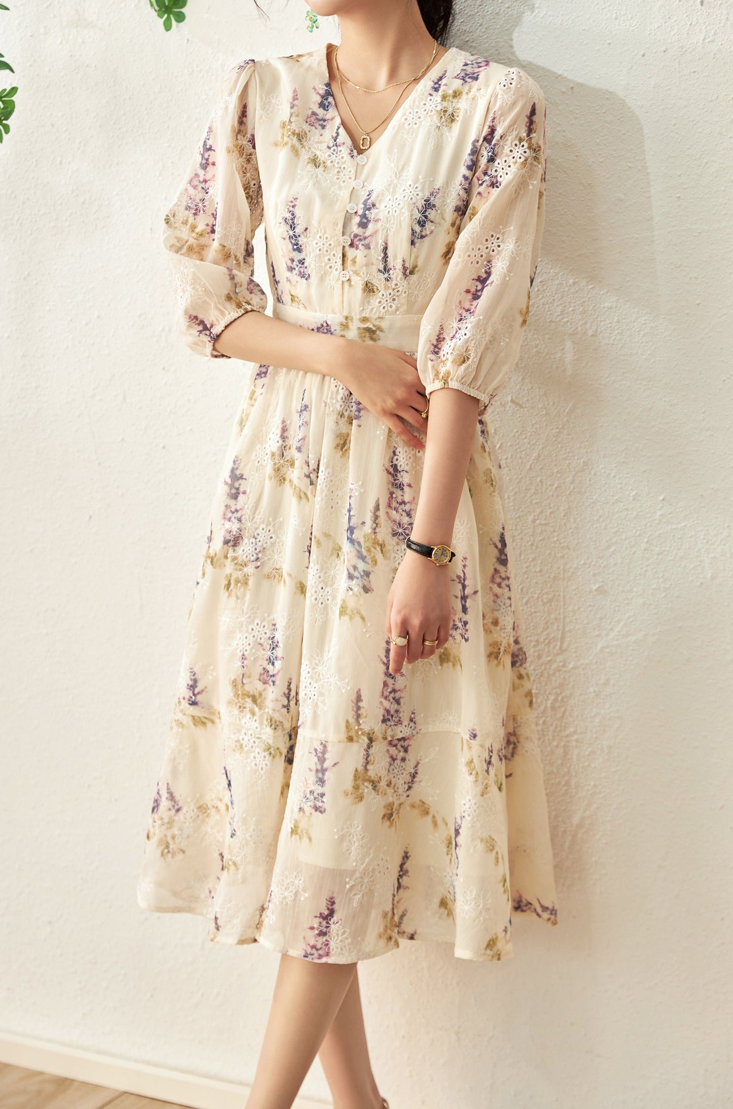Darcey printed chiffon dress with floral embroidery