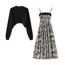 Load image into Gallery viewer, Nadeline 2 piece set chiffon spaghetti strap printed dress with knitted cropped cardigan
