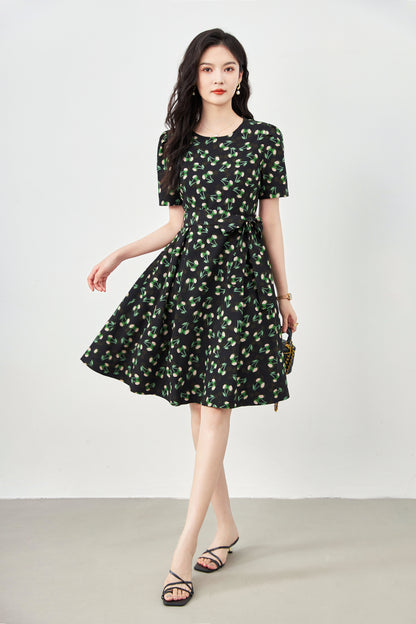 Suri chiffon printed round neck dress with belt