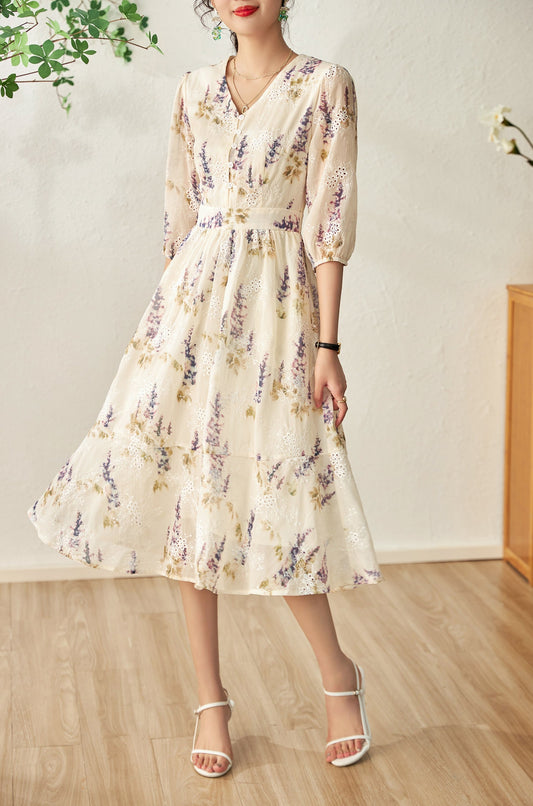 Darcey printed chiffon dress with floral embroidery