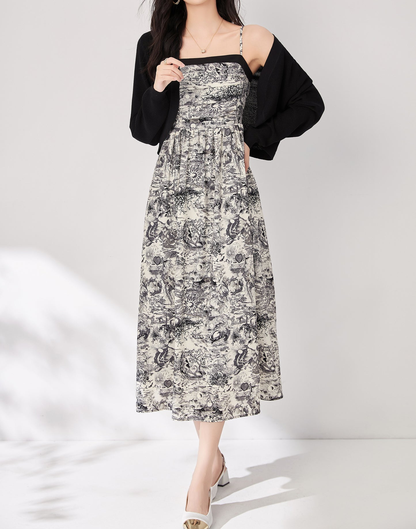 Nadeline 2 piece set chiffon spaghetti strap printed dress with knitted cropped cardigan