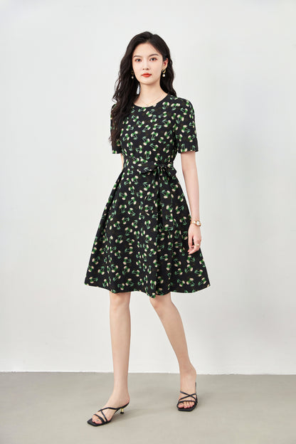 Suri chiffon printed round neck dress with belt