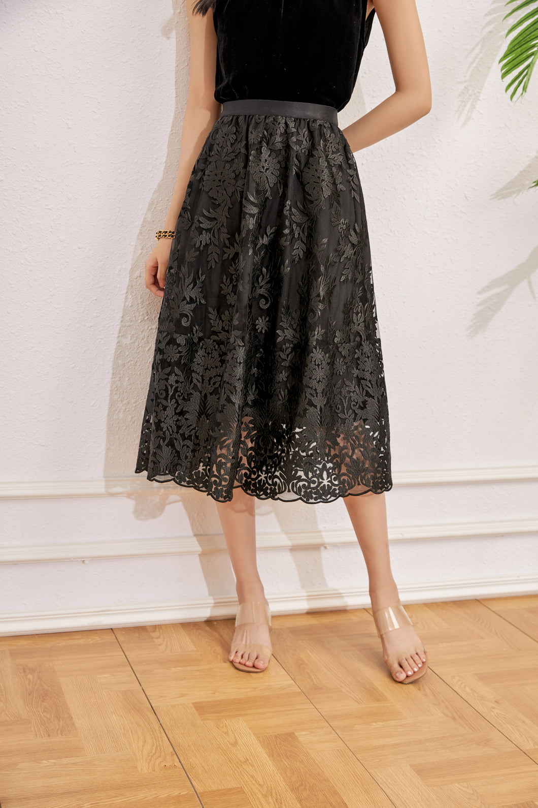 Yara A line lace embroidery skirt with elastic waist