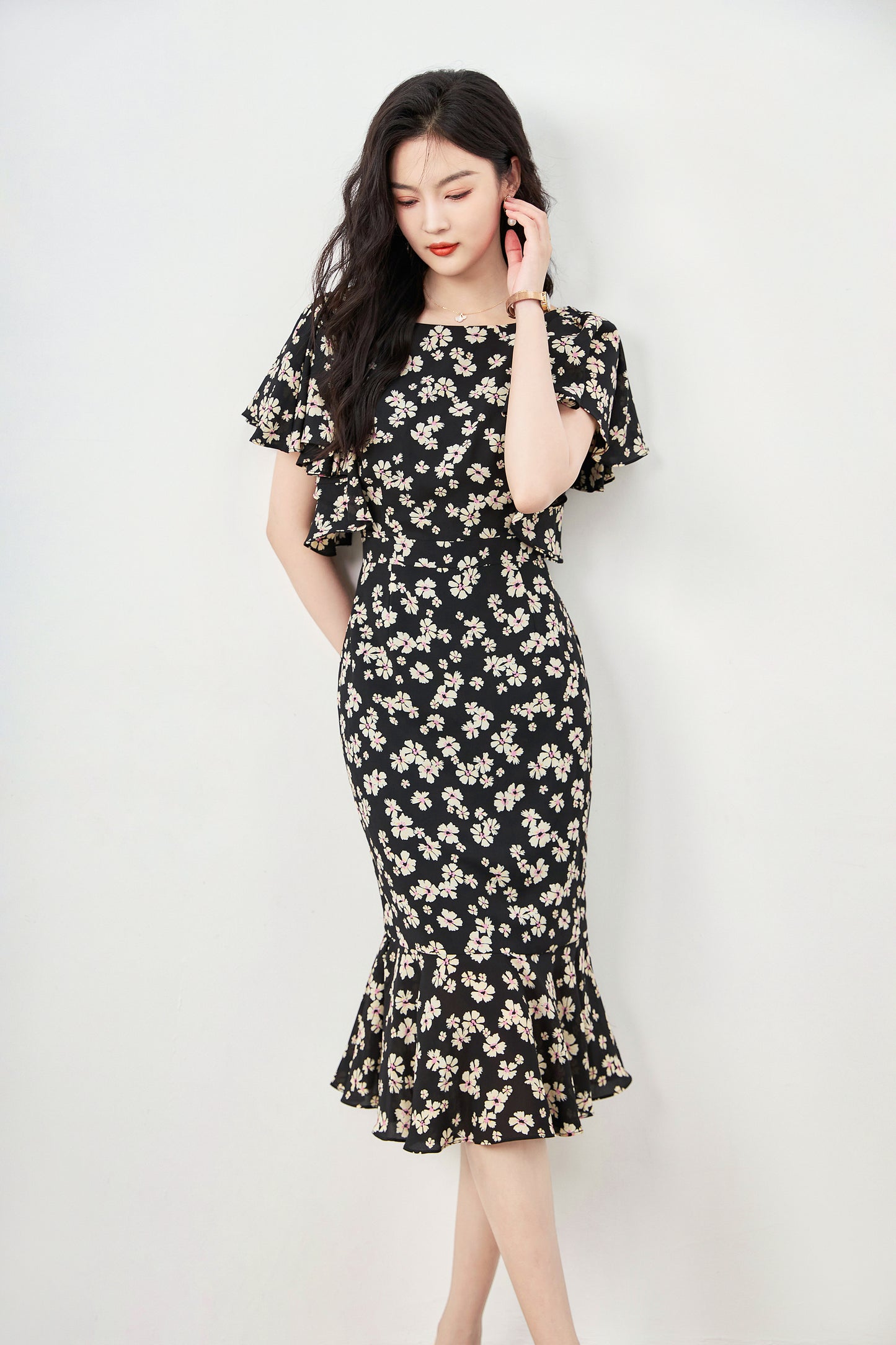 Emi chiffon floral mermaid dress