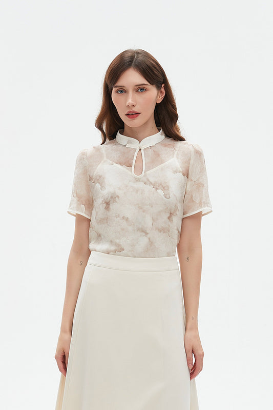 Solene mandarin collar short sleeve blouse with inner piece