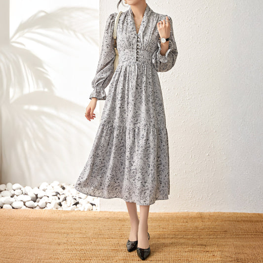 Jules floral hemp dress with elastic gathered waist and exquisite shank buttons