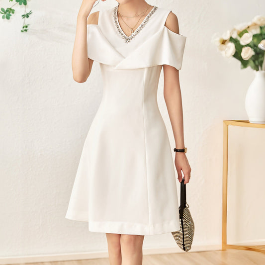 Faustine crystal collar hemp knee dress with cut out shoulder