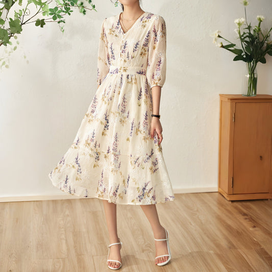 Darcey printed chiffon dress with floral embroidery